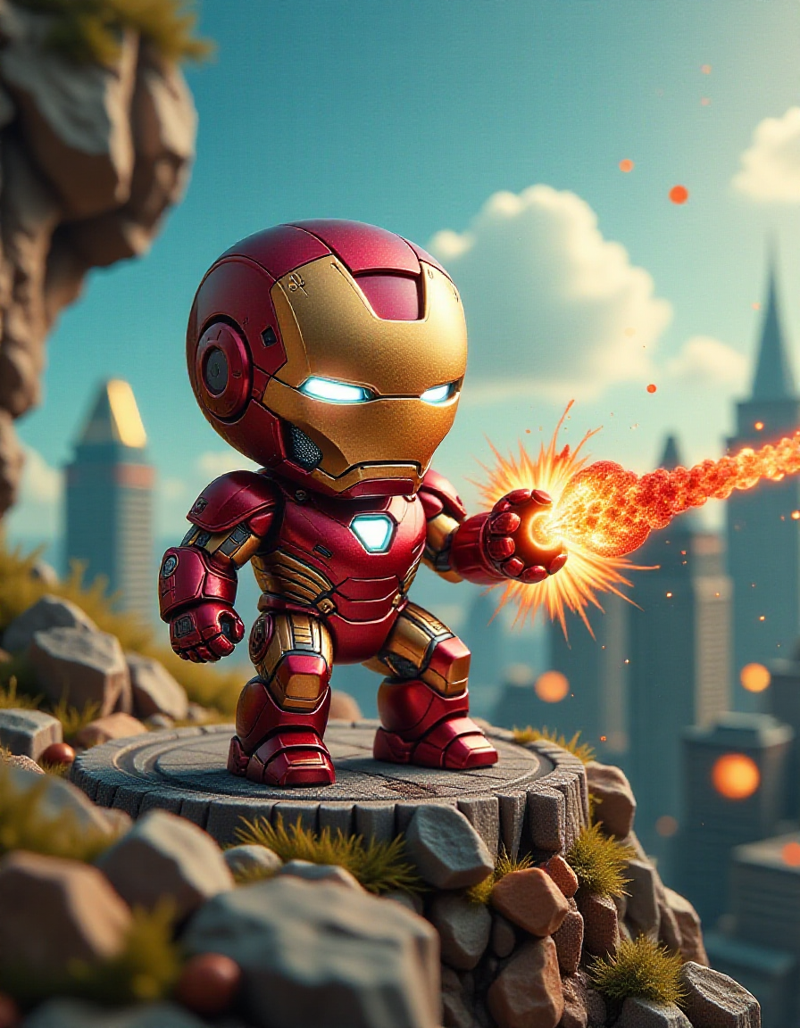 small zhibi iron man, playing with a toy set of a city, using a tiny rocket to shoot at a target <lora:zhibi_flux:1>
