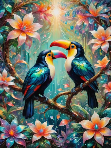 charmed, toucan, Within a shimmering sanctuary, a garden of dreams materializes, its iridescent blooms and shimmering petals a vision of pure fantasy, Reflecting off surfaces intricate details, abstract, whimsical,  <lora:RMSDXL_Creative:0.8> <lora:SDXLFaeTastic2400:0.8>