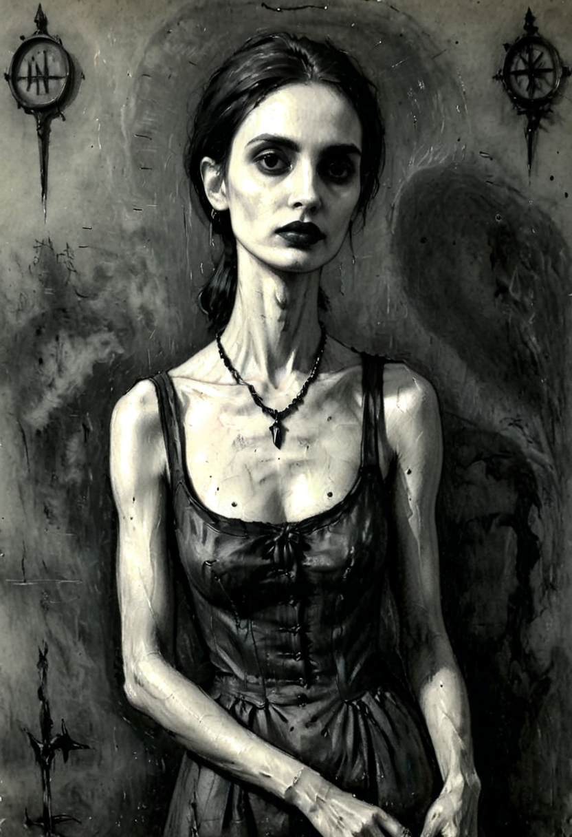 positiv Clip L:
perfect, charcoal drawing an award-winning, painting, of a skinny Gothic woman, 
positiv Clip G:
perfect, charcoal drawing an award-winning, painting, of a skinny Gothic woman, that captivates the viewer. natural dark black eyes exude depth and penetration. sunset in the background,