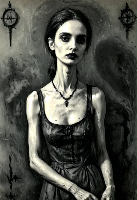 positiv Clip L:
perfect, charcoal drawing an award-winning, painting, of a skinny Gothic woman,
positiv Clip G:
perfect, charcoal drawing an award-winning, painting, of a skinny Gothic woman, that captivates the viewer. natural dark black eyes exude depth and penetration. sunset in the background,