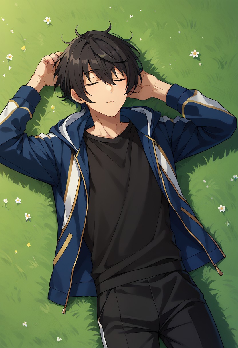 score_9, score_8_up, score_7_up, source_anime, highly detailed, 
ritsusakuma, 1boy, male focus, black hair, solo, jacket, pants, black pants,
shirt, hood, closed eyes, black shirt, bangs, hair between eyes, track jacket,
track suit, 
outdoor, lying on grass, on stomach, sleeping,