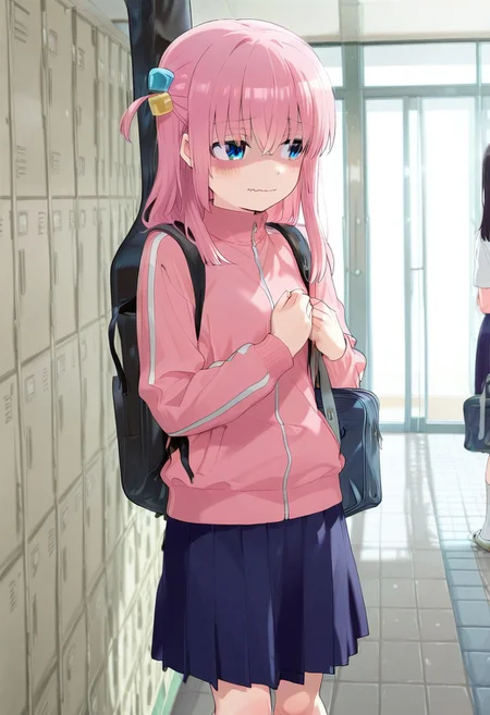great quality,(almic,akakura,ogipote:0.9), (sincos,dikko:0.75),great quality,absurdres,1girl,solo, pink hair,long hair,,(very aesthetic,highres),,getabako, upper body,hand on locker, ,holding School bag,blue eyes,one side up, feet out of frame,,gotoh hitori, track jacket,pink track jacket,blue skirt,looking at side, scare,wavy mouth,shaded face,guitar case