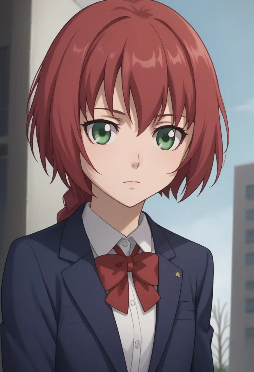 score_9, score_8_up, source_anime, highly detailed,
suou, 1girl, red hair, green eyes, braid, school uniform, parody, single braid, solo, blazer, bow, upper body,
outdoor, looking at viewer,