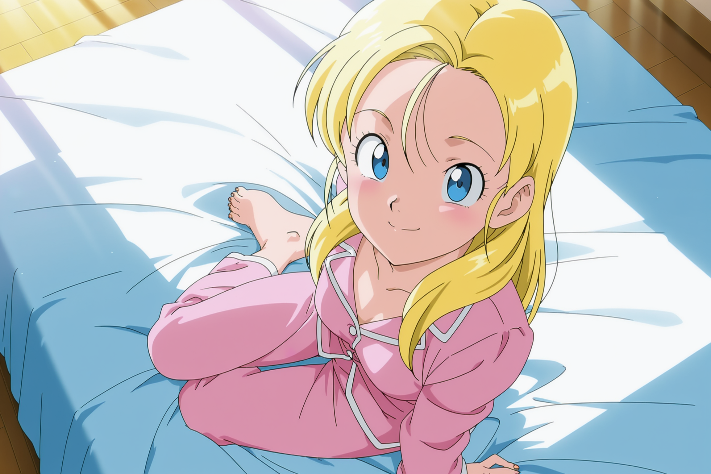 anime screencap, masterpiece, best quality, amazing quality, very aesthetic, absurdres,  newest, (scenery, volumetric lighting),
official style, 1girl, solo, 
marron, blue eyes, blonde hair, hair down, long hair, 
pajamas, bedroom, sitting, sitting on bed, looking at viewer, barefoot, toenails, smile, from above, 
dappled sunlight, light rays, 
 <lora:Marron_IL:0.8>