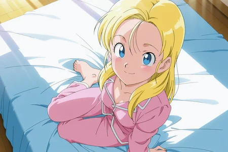 anime screencap, masterpiece, best quality, amazing quality, very aesthetic, absurdres, newest, (scenery, volumetric lighting),
official style, 1girl, solo,
marron, blue eyes, blonde hair, hair down, long hair,
pajamas, bedroom, sitting, sitting on bed, looking at viewer, barefoot, toenails, smile, from above,
dappled sunlight, light rays,
<lora:Marron_IL:0.8>