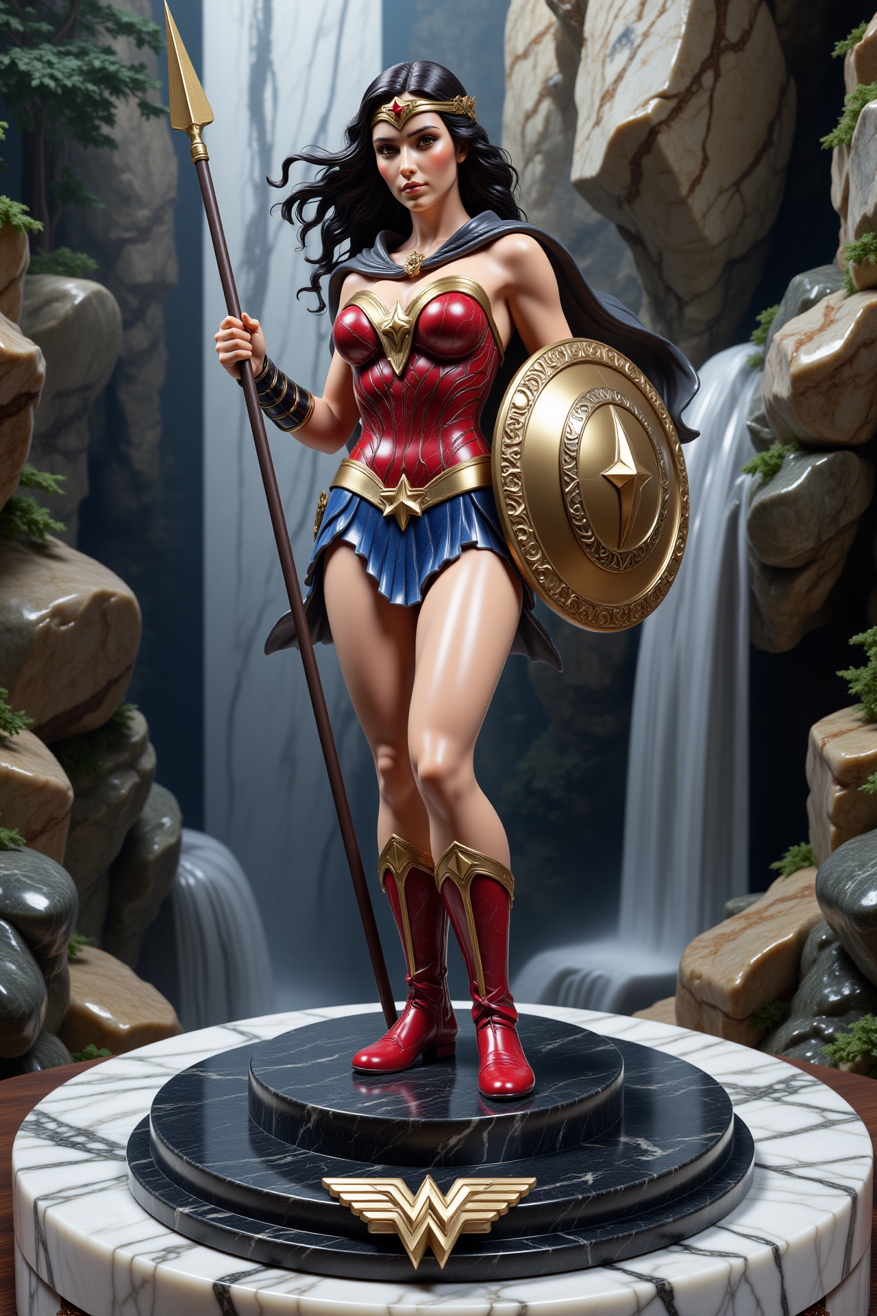 Midjourney dark fantasy style, very detailed statue made out of pink marble  of Wonder Woman standing on circular black granite platform on a pedestal in a forested area. She is wearing her iconic red and gold costume with a golden tiara and a golden lasso of truth on her chest. Her long dark hair is flowing in the wind and she is holding a spear and shield in her right hand. Her left hand is raised in the air, as if she is ready for battle. The pedestal is made of stone and has intricate carvings on it. The background is filled with trees and rocks, and there is a waterfall cascading down the rocks. The overall mood of the image is powerful and heroic., <lora:flux-marblestyle:1>, <lora:Midjourney dark fantasy style:0.5>