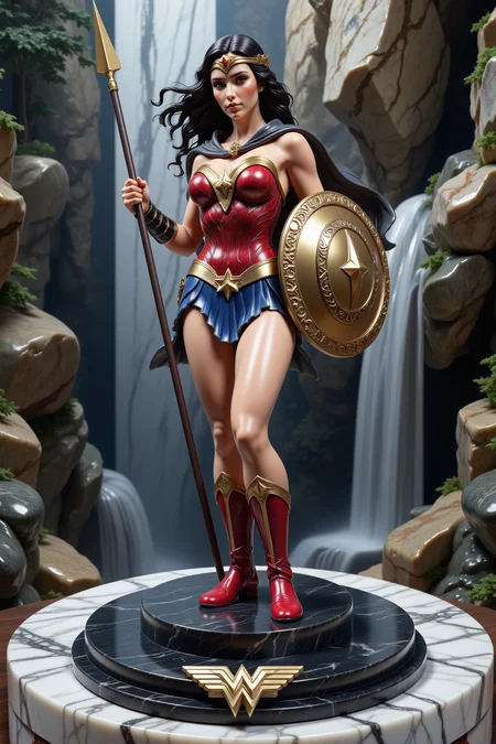 Midjourney dark fantasy style, very detailed statue made out of pink marble  of Wonder Woman standing on circular black granite platform on a pedestal in a forested area. She is wearing her iconic red and gold costume with a golden tiara and a golden lasso of truth on her chest. Her long dark hair is flowing in the wind and she is holding a spear and shield in her right hand. Her left hand is raised in the air, as if she is ready for battle. The pedestal is made of stone and has intricate carvings on it. The background is filled with trees and rocks, and there is a waterfall cascading down the rocks. The overall mood of the image is powerful and heroic., <lora:flux-marblestyle:1>, <lora:Midjourney dark fantasy style:0.5>