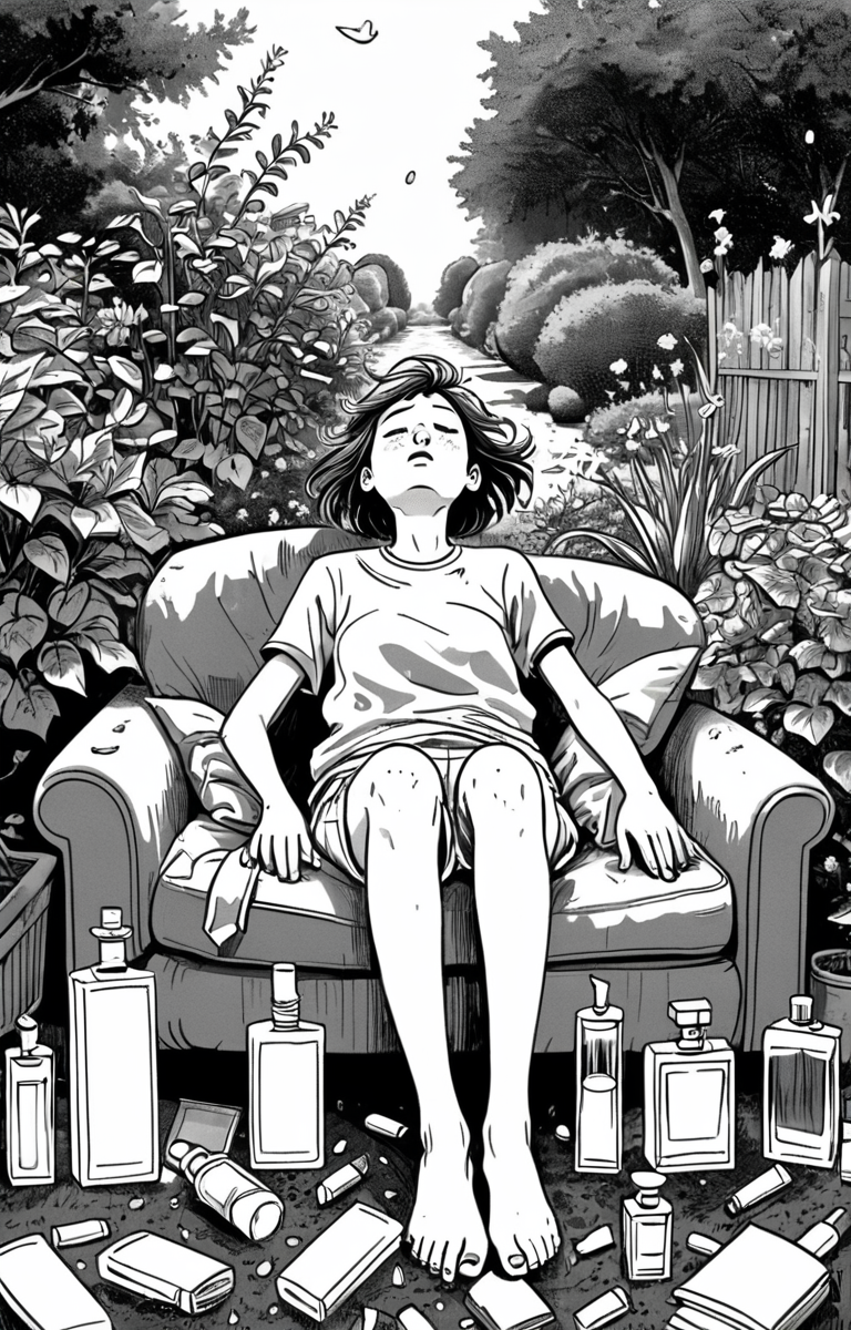 masterpiece,best quality,<lora:tbh373-sdxl:0.6>,illustration,style of exhausted people ,greyscale and white,comic A bottle of perfume in garden
