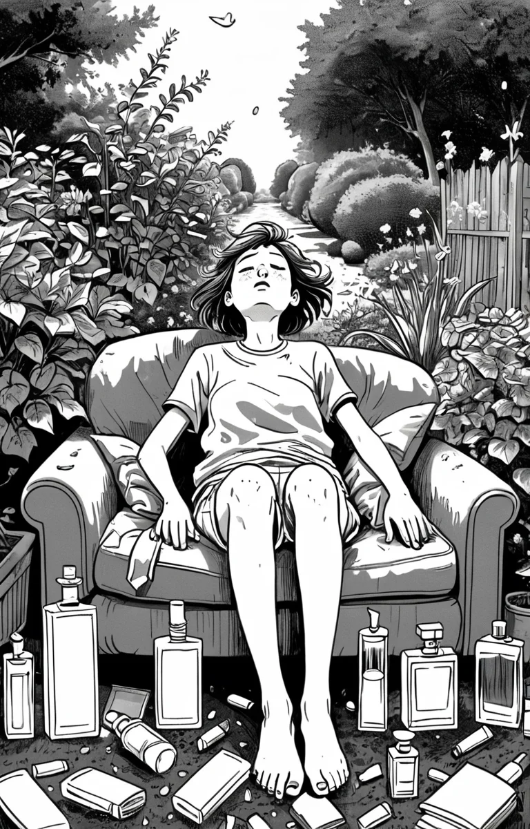 masterpiece,best quality,<lora:tbh373-sdxl:0.6>,illustration,style of exhausted people ,greyscale and white,comic A bottle of perfume in garden