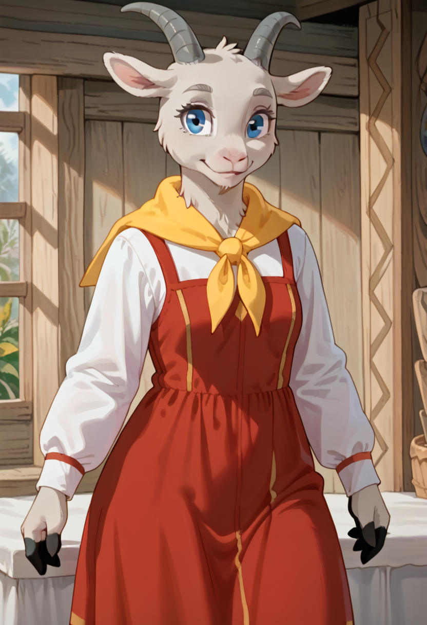 score_9, score_8_up, score_7_up, g04t, 1girl, solo, furry, goat, blue eyes, grey fur, horns, red dress, long sleeves, yellow neckerchief, cowboy shot, smile,