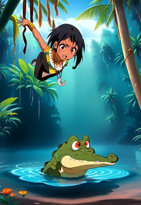 Tick tock crocodile,male animal focus,tail, crocodile open large mouth ,green skin, blue eyes, Tick Tock the crocodile is giant and very huge size,teeth, swimming in water,partially submerged,Tick Tock the crocodile looking us.
Choi_mochimazzi sitting on the crocodile head.
Base - choim, short hair, black hair, red eyes, dark-skinned female,purple eyes,
Base Outfit - dress, jewelry, dark skin, necklace, bracelet, wristband,open mouth,river,palm trees, jungle tropical, Disney,manga,anime