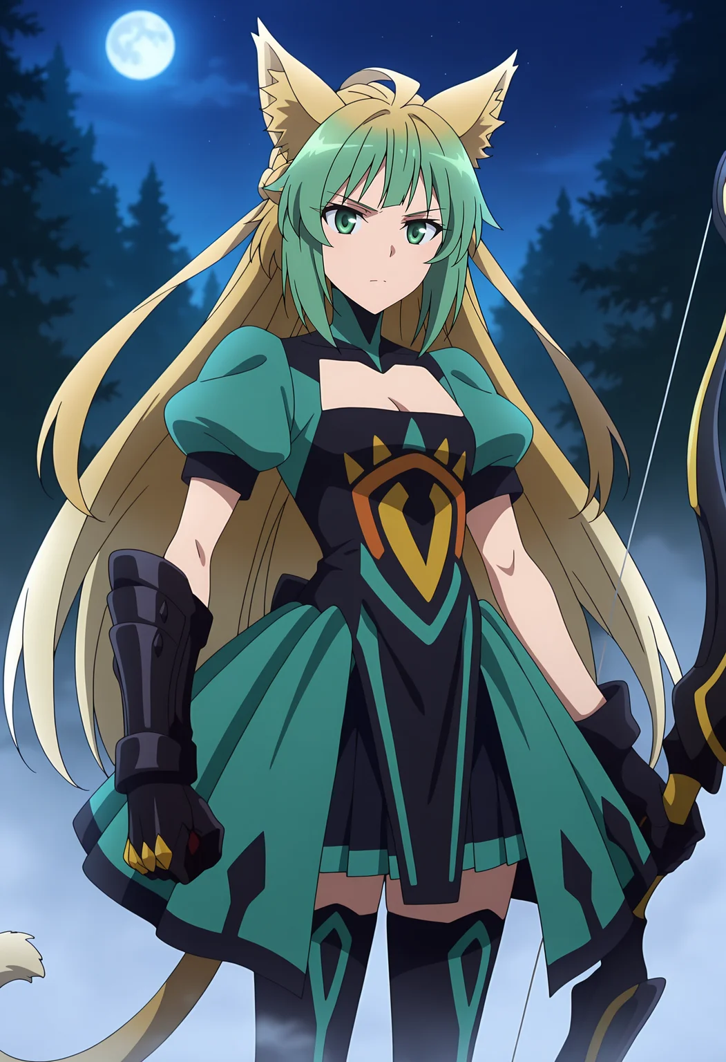 anime screencap, masterpiece, best quality,
<lora:FateApocrypha_Atalanta_IlluXL:0.9>,
1girl, solo, closed mouth, serious,
multicolored hair, long hair, green eyes, ahoge, cat ears, cat tail,
turtleneck, two-tone dress, print dress, puffy short sleeves, cleavage cutout, small breasts, asymmetrical gloves, gauntlets, black gloves,
green overskirt, pleated skirt, black skirt, thigh boots, black footwear,
holding bow \(weapon\),
standing, looking at the viewer, cowboy shot,
outdoors, night, moon, fog, forest, night sky