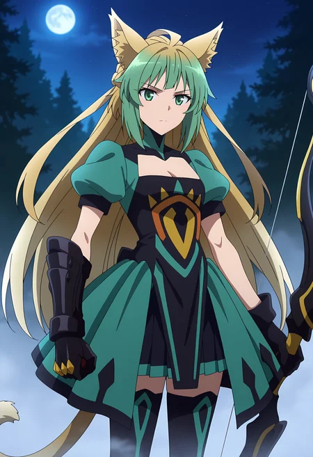 anime screencap, masterpiece, best quality,
<lora:FateApocrypha_Atalanta_IlluXL:0.9>,
1girl, solo, closed mouth, serious,
multicolored hair, long hair, green eyes, ahoge, cat ears, cat tail,
turtleneck, two-tone dress, print dress, puffy short sleeves, cleavage cutout, small breasts, asymmetrical gloves, gauntlets, black gloves,
green overskirt, pleated skirt, black skirt, thigh boots, black footwear,
holding bow \(weapon\),
standing, looking at the viewer, cowboy shot,
outdoors, night, moon, fog, forest, night sky