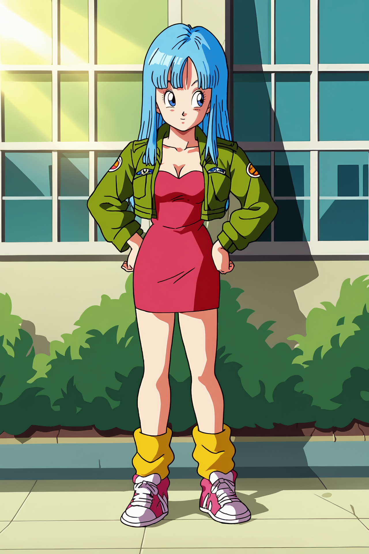 source_anime, score_9, score_8_up, score_7_up, high quality, 8k, absurdres, official style,
anime screencap, masterpiece, best quality, amazing quality, very aesthetic, absurdres, newest, (scenery, volumetric lighting), dappled sunlight, light particles, light rays, official style, maron, official style, 1girl, solo, long hair, breasts, blue eyes, city, street, collared jacket, cleavage, medium breasts, blue hair, standing, green jacket, full body, long sleeves, loose socks, open jacket, strapless, looking away, short dress, red dress, sneakers, strapless dress, hands on hips, bangs, yellow legwear, pink footwear, two tone footwear, window, bush, window, pavement,
 <lora:Maron_Pony:0.8>