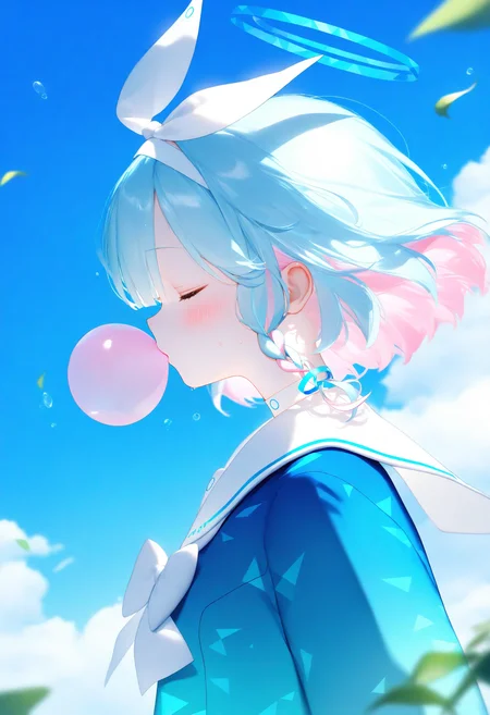masterpiece, best quality, good quality, very awa, alens,
1girl, arona \(blue archive\), solo, bubble blowing, pink hair, closed eyes, chewing gum, halo, blue halo, multicolored hair, white choker, choker, colored inner hair, blue hair, upper body, white hairband, cloud, blue shirt, hairband, sky, blurry, from side, bow, short hair, outdoors, sailor collar, braid, blush, shirt, white sailor collar, blue sky, school uniform, bowtie, bubble, white bowtie, white bow, day, profile, serafuku, depth of field, two-tone hair, blurry foreground, side braid, white ribbon, single braid, leaf, blurry background, bow hairband, aqua hair, ribbon, hair ribbon
<lora:ai_styles_collection_noob_vpred-0.6_v3:1>