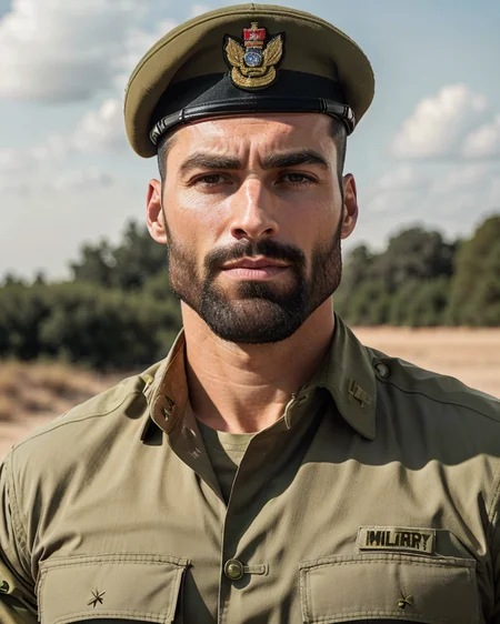 RAW photo, photo of gigachad, as a soldier,wearing a (military uniform:1.2), cap, 8k uhd, dslr, high quality, film grain, Fujifilm XT3 <lora:Gigachadv1:0.7>