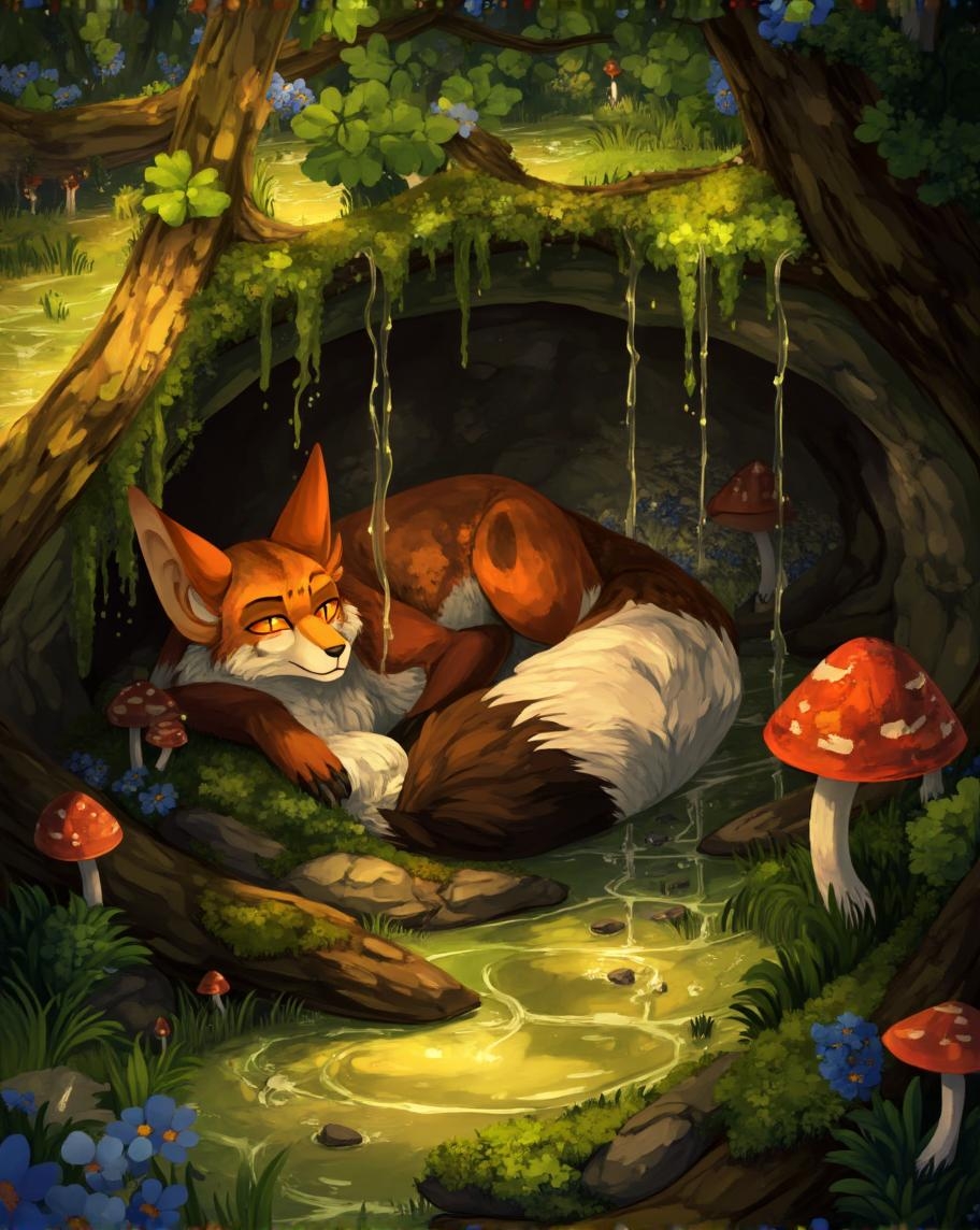 <lora:ck-LttleGhost-000011.safetensors:1> in the style of ck-lttlegh0stImagine a serene, sun-kissed setting where a magnificent red fox, its fur a warm, burnished copper, rests peacefully within a moss-covered cavern surrounded by lush foliage and vibrant, iridescent mushrooms. The atmosphere is tranquil, filled with the sweet scent of wildflowers and soothing bird songs.