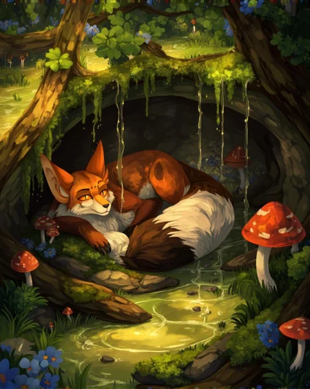 <lora:ck-LttleGhost-000011.safetensors:1> in the style of ck-lttlegh0stImagine a serene, sun-kissed setting where a magnificent red fox, its fur a warm, burnished copper, rests peacefully within a moss-covered cavern surrounded by lush foliage and vibrant, iridescent mushrooms. The atmosphere is tranquil, filled with the sweet scent of wildflowers and soothing bird songs.