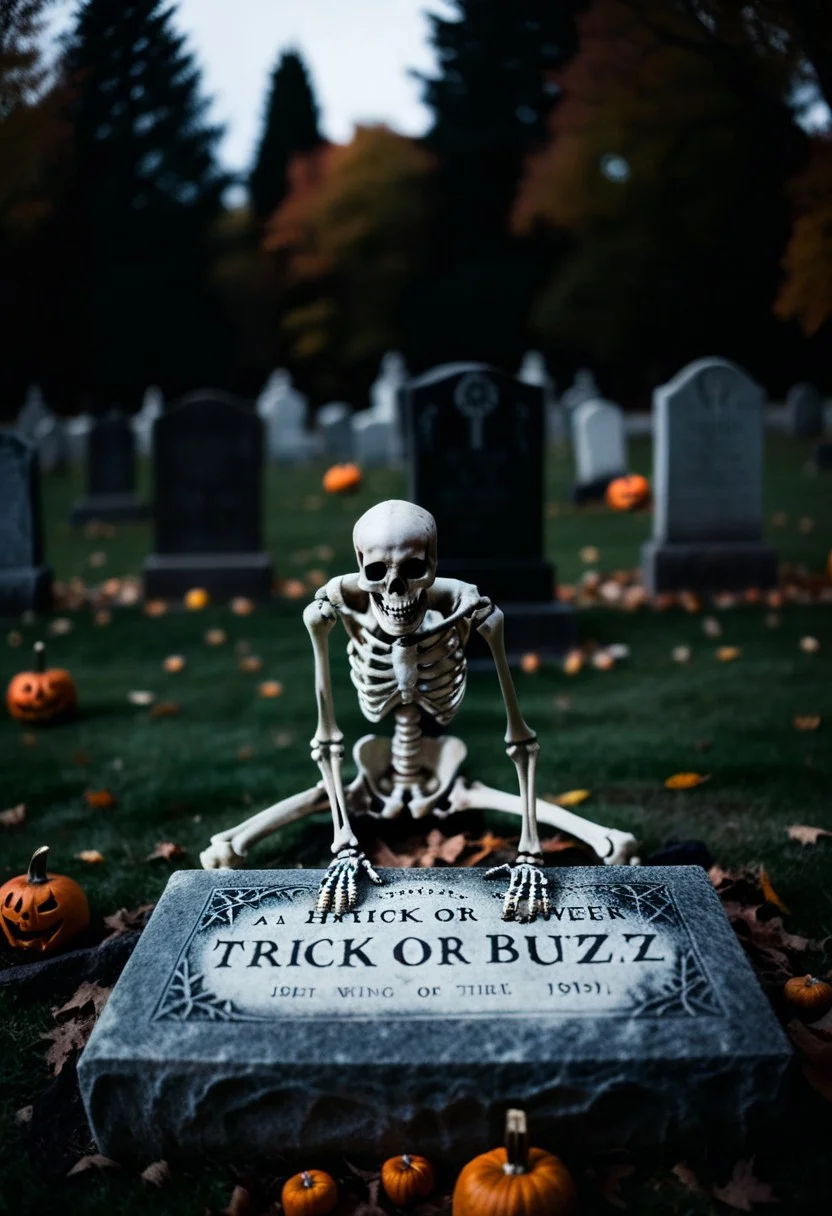 score_9, score_8_up, Photography, stvmccrr style, bokeh, Halloween, eerie, darkness, a skeleton, intriguing, scary, realistic, nightmare, crawling on a tombstone, text:"Trick or Buzz"