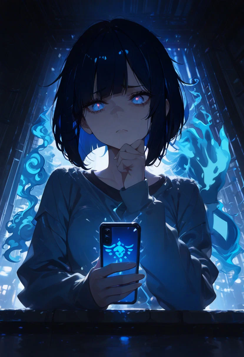 masterpiece, best quality, newest, absurdres, highres, safe,
(1girl),(casual style, urban setting, modern aesthetic:1.3),
(moody and atmospheric lighting:1.4),
(dark color palette, deep shadows, neon reflections),
(black and cyan contrast:1.3),
(black and cyan hair, sleek bob cut, sharp bangs:1.5),
(cold and tired expression:1.3),
(slight frown, disinterested, exhausted eyes:1.4),
(looking at phone, mild frustration),
(rakus from below, upward perspective:1.5),
(hand resting under chin, slightly lazy posture),
(dimly lit city background, faint neon lights, smartphone screen glow on face),
(holding smartphone with relaxed grip, checking messages, subtle reflection in phone screen),
(soft cyberpunk-inspired lighting, muted blue and gray tones),
(wisps of glowing blue mist rising:1.5),
(ethereal neon-blue mist drifting upwards, pulsating glow),
(faint blue reflections on face from the mist),
(extraordinary lighting effects, cinematic composition, high-contrast atmosphere).