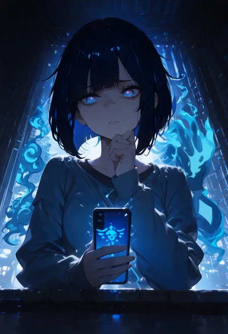 masterpiece, best quality, newest, absurdres, highres, safe,
(1girl),(casual style, urban setting, modern aesthetic:1.3),
(moody and atmospheric lighting:1.4),
(dark color palette, deep shadows, neon reflections),
(black and cyan contrast:1.3),
(black and cyan hair, sleek bob cut, sharp bangs:1.5),
(cold and tired expression:1.3),
(slight frown, disinterested, exhausted eyes:1.4),
(looking at phone, mild frustration),
(rakus from below, upward perspective:1.5),
(hand resting under chin, slightly lazy posture),
(dimly lit city background, faint neon lights, smartphone screen glow on face),
(holding smartphone with relaxed grip, checking messages, subtle reflection in phone screen),
(soft cyberpunk-inspired lighting, muted blue and gray tones),
(wisps of glowing blue mist rising:1.5),
(ethereal neon-blue mist drifting upwards, pulsating glow),
(faint blue reflections on face from the mist),
(extraordinary lighting effects, cinematic composition, high-contrast atmosphere).