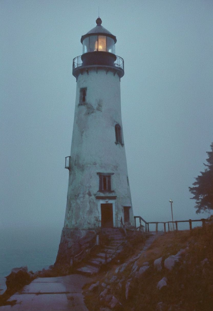 soaked_mundwasser_pee, In a grainy, handheld video, a lone explorer investigates an old, decrepit lighthouse on a foggy night. As he ascends the spiral staircase, strange whispers and ghostly moans fill the air. At the top, he encounters a monstrous, ethereal being with tentacles and multiple glowing eyes. The footage is chaotic and filled with static, capturing the explorer's terror and the creature's unearthly presence.