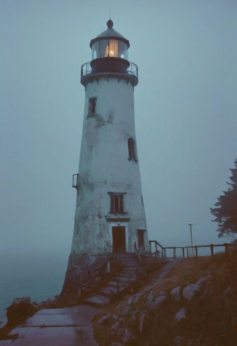 soaked_mundwasser_pee, In a grainy, handheld video, a lone explorer investigates an old, decrepit lighthouse on a foggy night. As he ascends the spiral staircase, strange whispers and ghostly moans fill the air. At the top, he encounters a monstrous, ethereal being with tentacles and multiple glowing eyes. The footage is chaotic and filled with static, capturing the explorer's terror and the creature's unearthly presence.