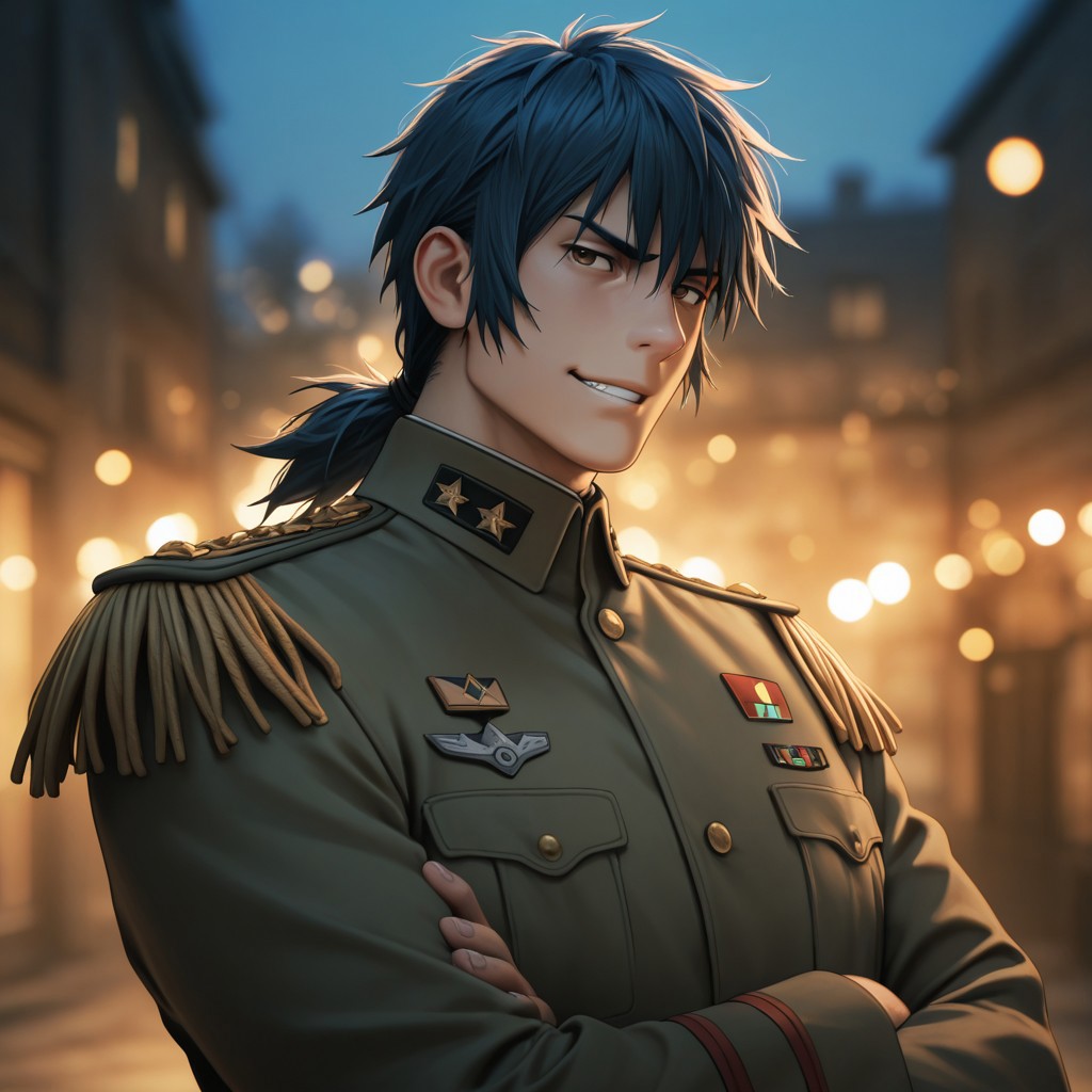 masterpiece, best quality, amazing quality, absurdres, newest, detailed background, definition so sharp, Ultra-HD, 8K cinematic, very awa, impressionate, amazing quality, highres, 
solo, male focus, manly, mature male, bara, bokeh, night, warm light, blurry background, outdoor, 
1boy, short hair, tied hair, low tied hair, lieutenant_pretime, lieutenant_blue hair, lieutenant_brown eyes, daikakukokujouji, military uniform, coat, spaulettes, serious face, smirk, grin, crossed arms, looking at viewer
