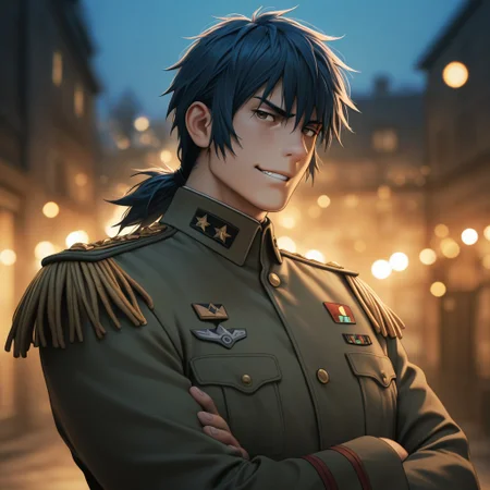 masterpiece, best quality, amazing quality, absurdres, newest, detailed background, definition so sharp, Ultra-HD, 8K cinematic, very awa, impressionate, amazing quality, highres,
solo, male focus, manly, mature male, bara, bokeh, night, warm light, blurry background, outdoor,
1boy, short hair, tied hair, low tied hair, lieutenant_pretime, lieutenant_blue hair, lieutenant_brown eyes, daikakukokujouji, military uniform, coat, spaulettes, serious face, smirk, grin, crossed arms, looking at viewer