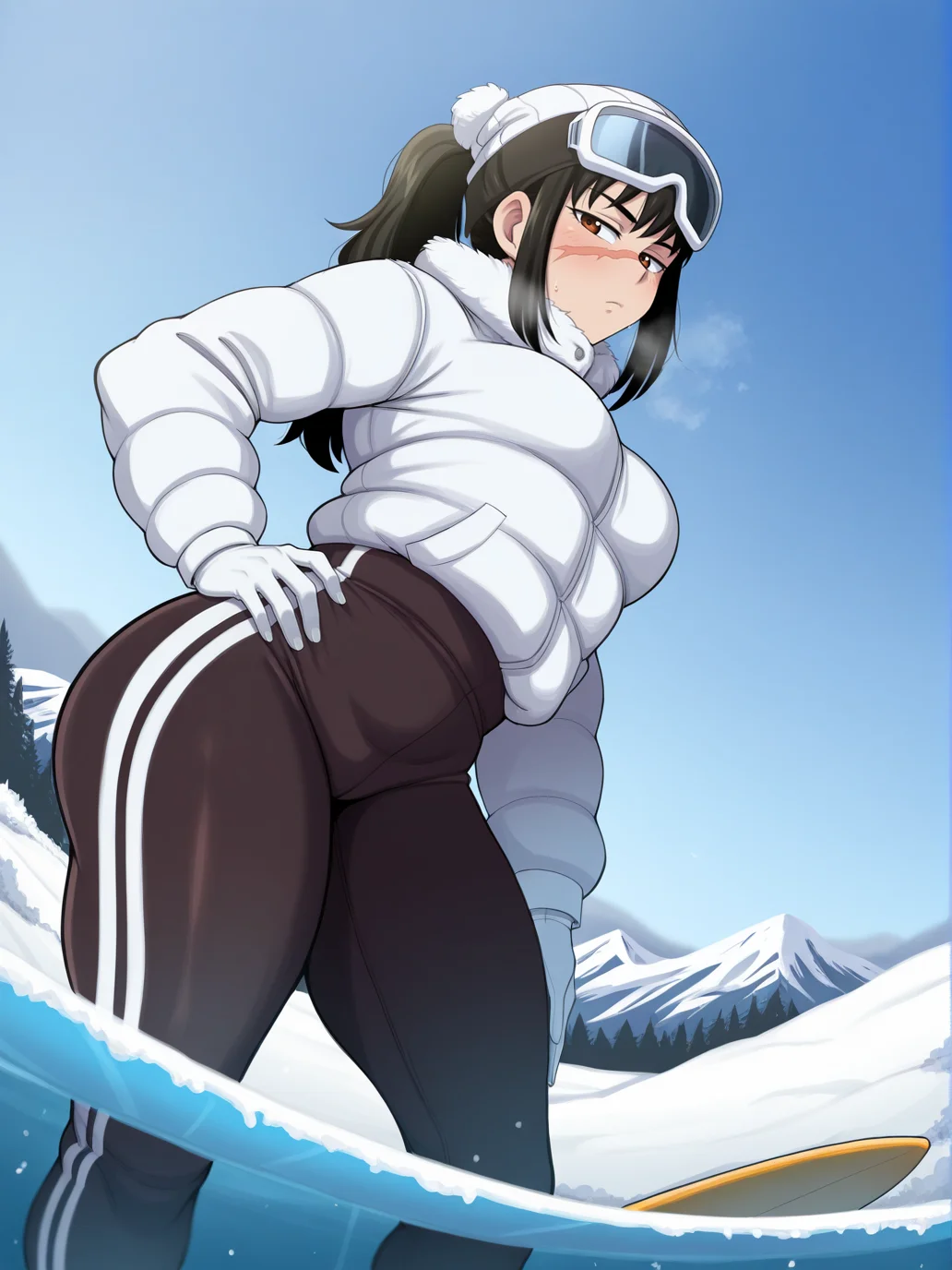 (masterpiece, amazing quality, best quality), <lora:blackwhiplash(bwl)-guy90-Illust-Lycorisv1:1>, blaash,
<lora:UtahimeIL:1>, iori utahime, 1girl, solo, long hair, black hair, ponytail, 
ski goggles, hat, beanie, goggles on head, goggles on headwear, pom pom (clothes), winter clothes, winter coat, white gloves, long sleeves, pants, outdoors, surfboard, surfing, from below, dynamic pose, confidence, dutch angle, solo,
scar, scar on face, scar on nose, brown eyes, 
hand on own hip, white nails,
outdoors, foresk, mountain, snow,