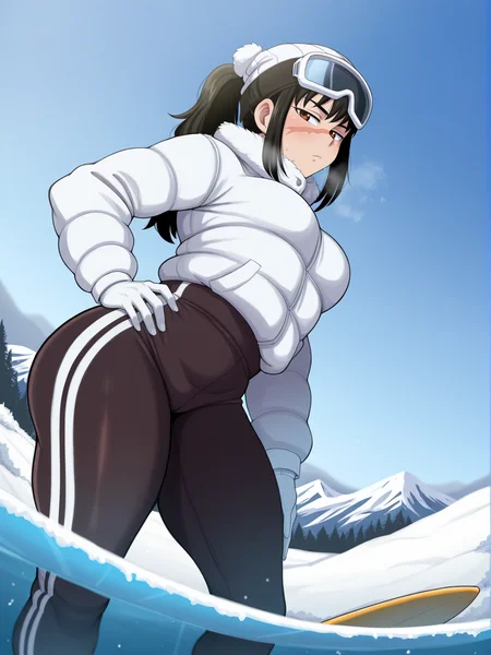 (masterpiece, amazing quality, best quality), <lora:blackwhiplash(bwl)-guy90-Illust-Lycorisv1:1>, blaash,
<lora:UtahimeIL:1>, iori utahime, 1girl, solo, long hair, black hair, ponytail,
ski goggles, hat, beanie, goggles on head, goggles on headwear, pom pom (clothes), winter clothes, winter coat, white gloves, long sleeves, pants, outdoors, surfboard, surfing, from below, dynamic pose, confidence, dutch angle, solo,
scar, scar on face, scar on nose, brown eyes,
hand on own hip, white nails,
outdoors, foresk, mountain, snow,