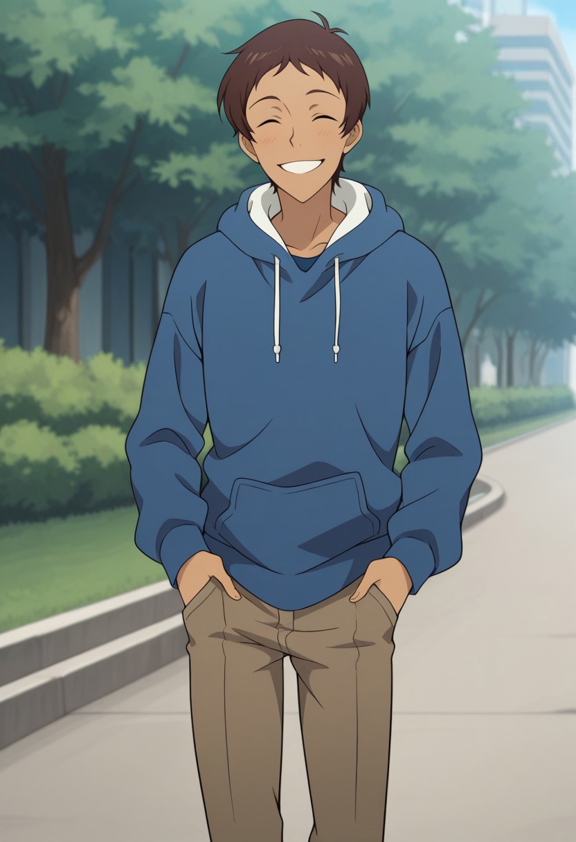 masterpiece,best quality,amazing quality, source_anime, 
lanciuv, 1boy, male focus, solo, dark skin, dark-skinned male, brown hair, forehead, casual, blue hoodie, hood, smile, happy, outdoor,