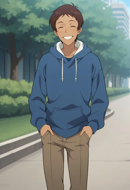 masterpiece,best quality,amazing quality, source_anime,
lanciuv, 1boy, male focus, solo, dark skin, dark-skinned male, brown hair, forehead, casual, blue hoodie, hood, smile, happy, outdoor,