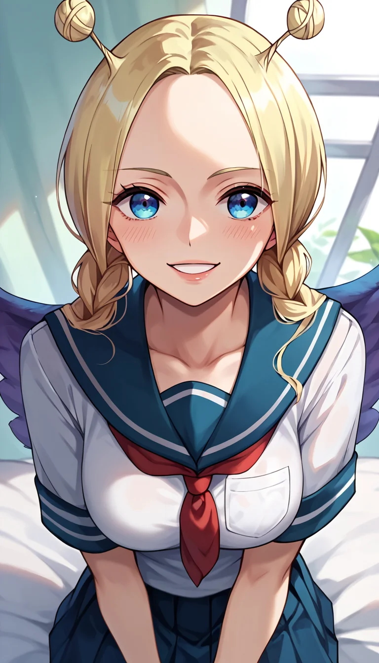 score_9, score_8_up, score_7_up, score_6_up, score_5_up, score_4_up, 1girl, conis, wings, blonde hair, antenna hair, twin braids, blue eyes, school uniform, looking at viewer, cute, <lora:Conis_v2:1>
