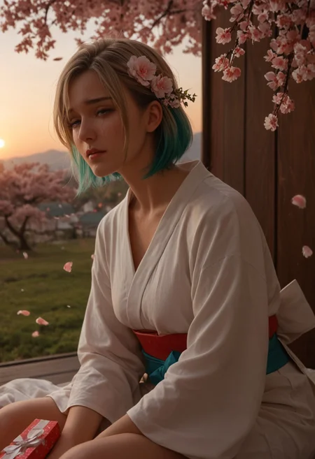 score_9_up, score_8_up, score_7_up, score_6_up, 1girl, 25 years old, perfect face, (adult), sexy, mature,
multicolored hair, blonde hair, teal hair, hair ornament, hair flower, hair between eyes, short hair,
miko, japanese clothes,
cherry blossoms,
sitting, crying, tears, streaming tears, sad, (broken heart), sobbing, (gift box),
sunset,