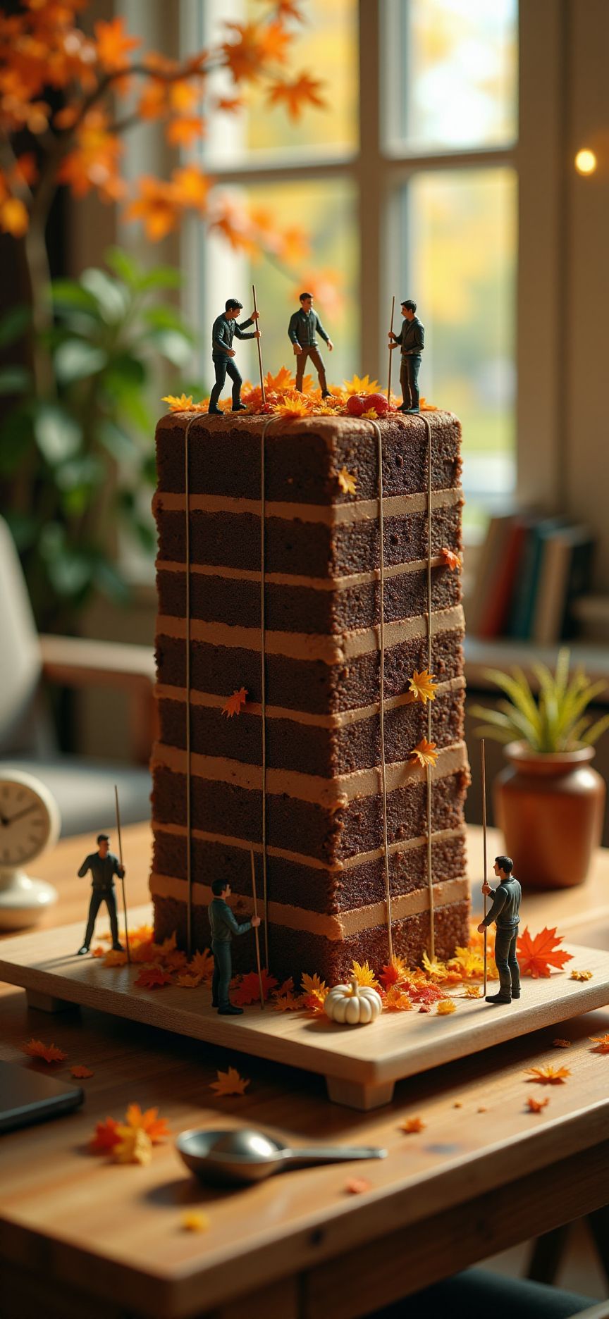 (indoors,indoor,isometric view,side view,tilt-shift lens:2), (fna_style,miniature,miniature,diorama,miniature,diorama,PVC,plastic:2),sunset,autumn giant (randomly multi stack up,multi layer of chocolate cake cubic vertical:2.5)  is located center, people are climbing with ropes, (in wooden square plate:3) (on table at study:3) <lora:Fantasy_Novel_Art_Style:1> <lora:Rostpunk:0.3>
