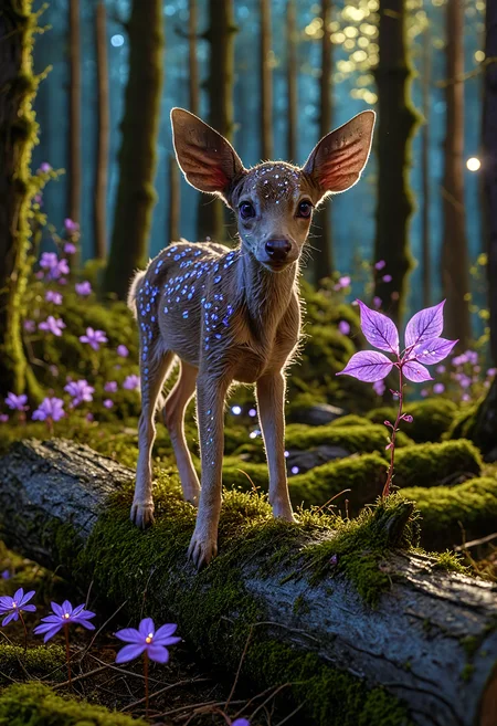 macro photography,  A (blue fawn:1.3) with glowing purple eyes long pointy leaf like ears standing on a moss covered log in a dense forest with illuminated flowers on a magical night, glowing particles in the air, enchanted forest, vibrant, sharp, extreme details, 8k <lora:add-detail-xl:1> <lora:MJ52:0.5> <lora:sss:0.5>