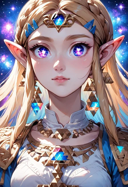 source_anime, colorful, score_9, score_8_up, score_8, (masterpiece), eyedetailxl, bettereyes, detailed_eyes, upper_body, bust, BREAK, 1girl, Princess Zelda, multicolored_eyes, (galaxy eyes:1.2), galaxy_eyes, bright_pupils