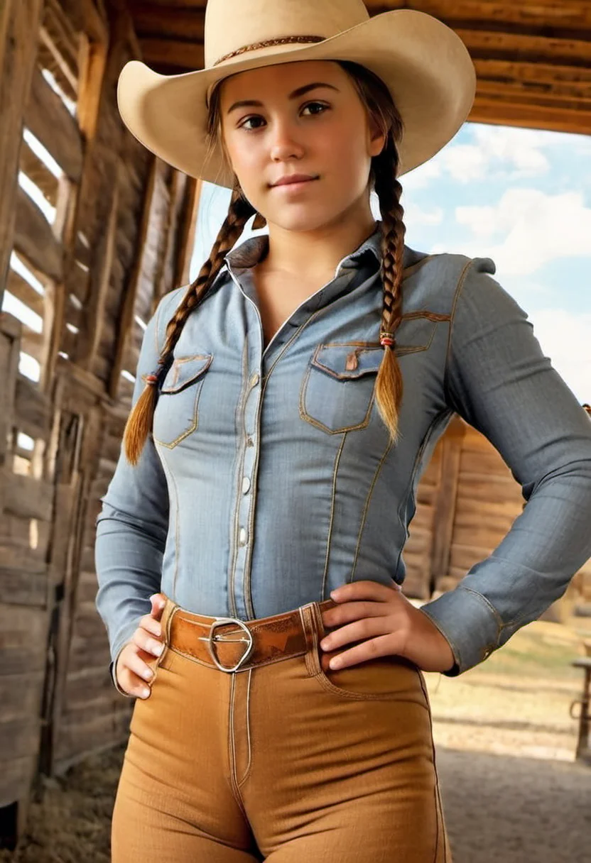 cute brunette girl as cowgirl, (((western, cowboy shot, barn))), (((full body visible))), (((<lora:sdxl_cameltoe_V3:1>, cameltoe, large cameltoe, cowboy hat, tied shirt, twin braids, large breasts, ))), detailed face, detailed skin, skin pores, pale skin, (ultra-detailed:1.1), detailed background,  intricate, masterpiece, natural lightning, ray tracing, ultra high quality, shallow depth of field, 8K UHD, hdr