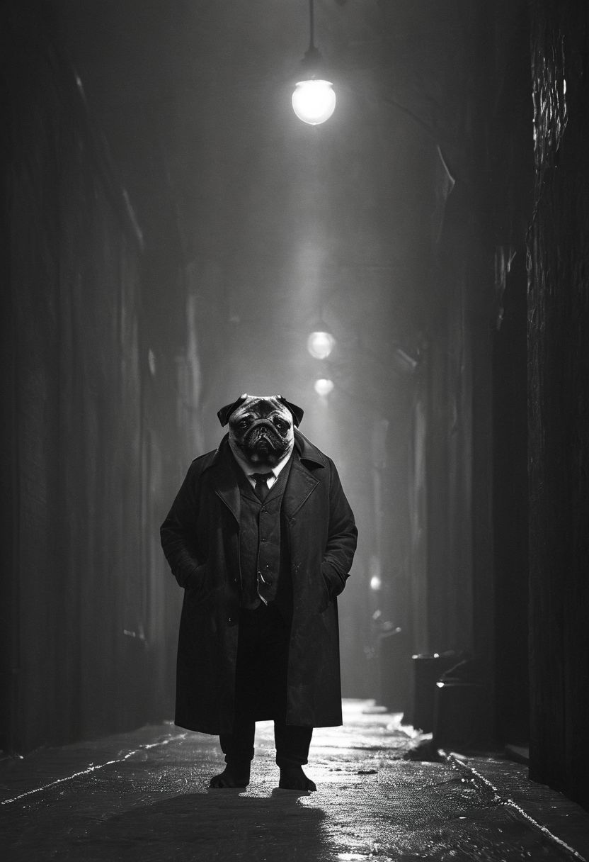 bw, grayscale, (anthropomorphic-pug: 1.59) noir detective in Los Angeles,, Volumetric lighting, concept art, sharp focus, digital art <lora:xl_more_art-full_v1:0.8> <lora:Into_Darkness:0.8>, fedora, smokey, trench-coat, standing in wet alley, brick walls