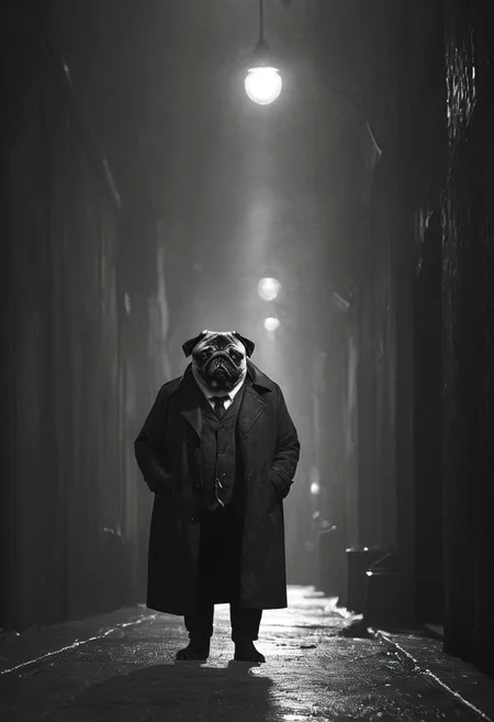 bw, grayscale, (anthropomorphic-pug: 1.59) noir detective in Los Angeles,, Volumetric lighting, concept art, sharp focus, digital art <lora:xl_more_art-full_v1:0.8> <lora:Into_Darkness:0.8>, fedora, smokey, trench-coat, standing in wet alley, brick walls