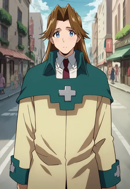 score_9, score_8_up, score_7_up, masterpiece, source_anime, 1girl, ct_m1lly, long hair, brown hair, blue eyes, green capelet, beige coat, white collared shirt, red necktie, outdoors, depth of field, city,  looking at viewer, cowboy shot, <lora:MillyThompson_Pony_ct_ver3-000008:0.8>
