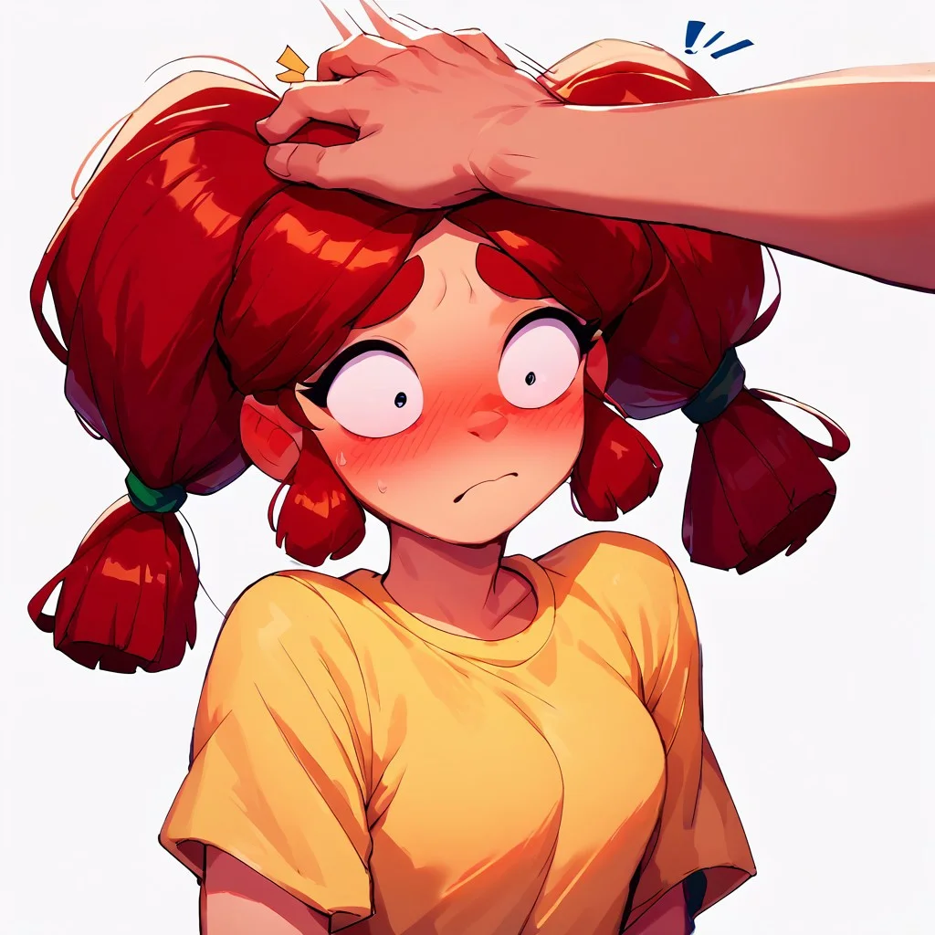 score_9, score_8_up, score_7_up, score_6_up, innocent and alluring, masterpiece, best quality, highly detailed, high contrast, detailed skin, 1girl, cute, bsjessie, red hair, pigtails, yellow shirt, headpat, pov hands, confuse, surprise, blush, white background, film grain