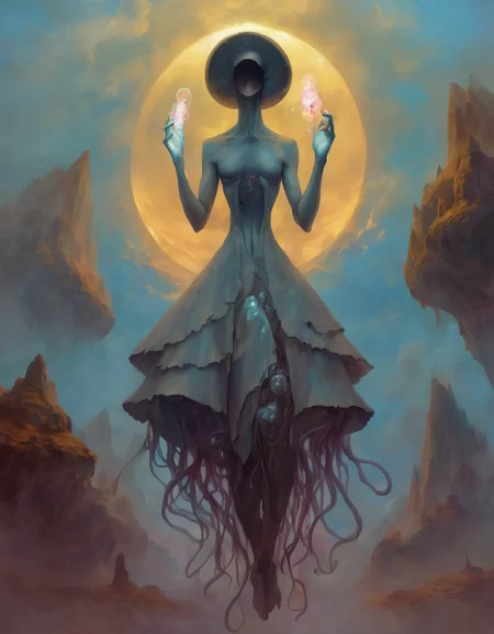 <lora:ptm0-000007:0.8>ptm0 a painting of a woman without a face made out of stone with a light in her hand and jellyfish in the background, with a sky background, Art of Brom, magic the gathering artwork, an ultrafine detailed painting, fantasy art surreal beksinkski