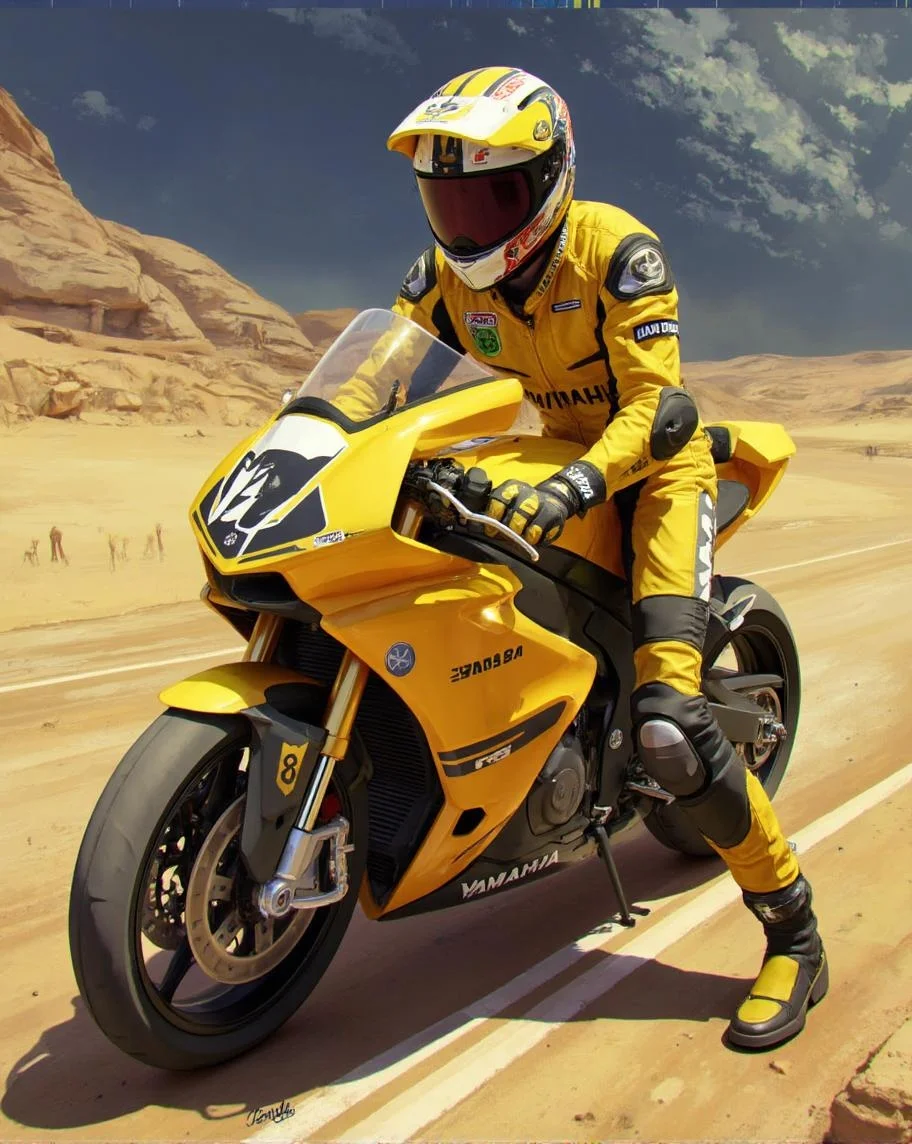 <lora:ck-LttleGhost-000011.safetensors:1> in the style of ck-lttlegh0stThe illustration features a motorcyclist on a Yamaha R6 track bike, dressed in a bright yellow racing suit and helmet, boots, and matching attire. The bike itself is a vibrant yellow with the Yamaha logo prominently displayed. Set against a racetrack in a sandy landscape, the scene captures the essence of high-stakes performance with an eerie yet thrilling atmosphere.