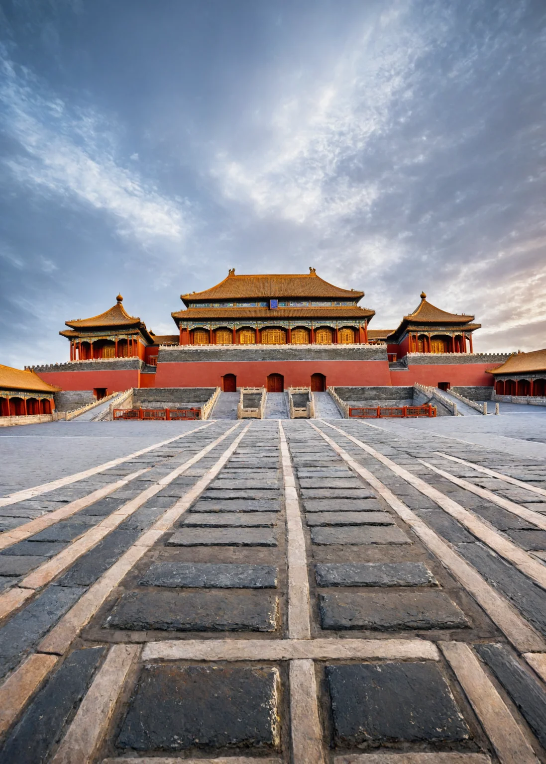 <lora:æå®«:1>,The Forbidden City,no humans,
The image showcases a grand architectural complex, possibly a temple or palace, situated in an expansive courtyard. The buildings are adorned with intricate golden detailing, and the central structure has multiple tiers. The sky above is clear with a soft hue, suggesting either dawn or dusk. The ground is paved with gray stones, and there are decorative railing along the sides of the courtyard. A bridge connects two parts of the complex, and the overall scene exudes a sense of serenity and historical significance., masterpiece, best quality,