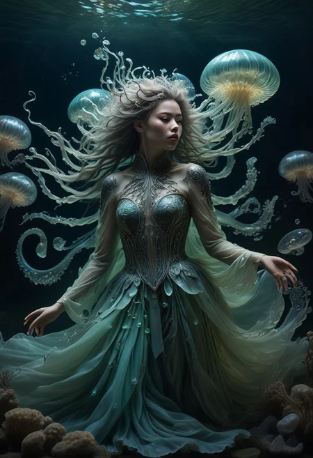 long mid shot portrait photography of an ethereal warrior, (glowing runes: 1.1), fairytale aesthetic. light green sheme, Photorealistic, intricate details, realism, sfw, ultrasharp,photography, floating, dress, water, under water, jellyfish, haute couture, tentacles, bioluminescence