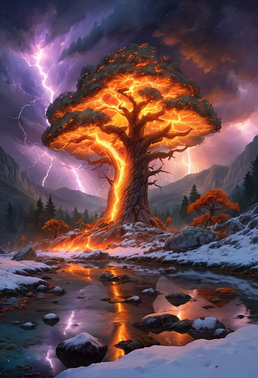 (by Ellen Jewett:1.5), (Fiery orange Bioluminescent Impressionism with lightning, mountain landscape, The Dreamland, Gibson Great Mountains, rock, sky, giant tree, great grand tree on mountains, great fire, great lightning, scenery, great great magical tree, sunset, sunrise , stream, lightining, snow and ice, ethereal landscapes, depth of field, biotech emotion:1.3) <lora:xl_more_art-full_v1:0.5> <lora:add-detail-xl:1> , ral-wlfnte <lora:RMSDXL_Creative:2>