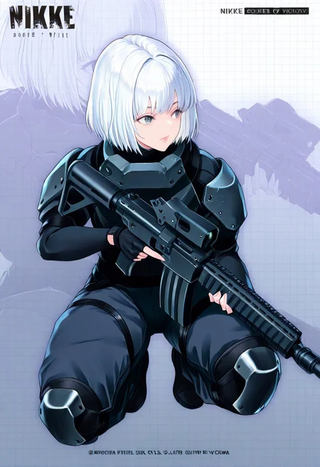 score_9, score_8_up, score_7_up, score_6_up, score_5_up, score_4_up, source_anime, solo, 1girl, 
iana_\(rainbow_six\), bodysuit, armor, fingerless gloves, gloves, pants, knee pads, lips, bangs, grey eyes, short hair, white hair, gun, holding gun, 
NikkeProfile, full body, checkered background, zoom layer, copyright name, character name, english text, logo, on one knee, looking to the side, holding weapon, holding gun, assault rifle,  
masterpiece, best quality, very aesthetic, absurdres,