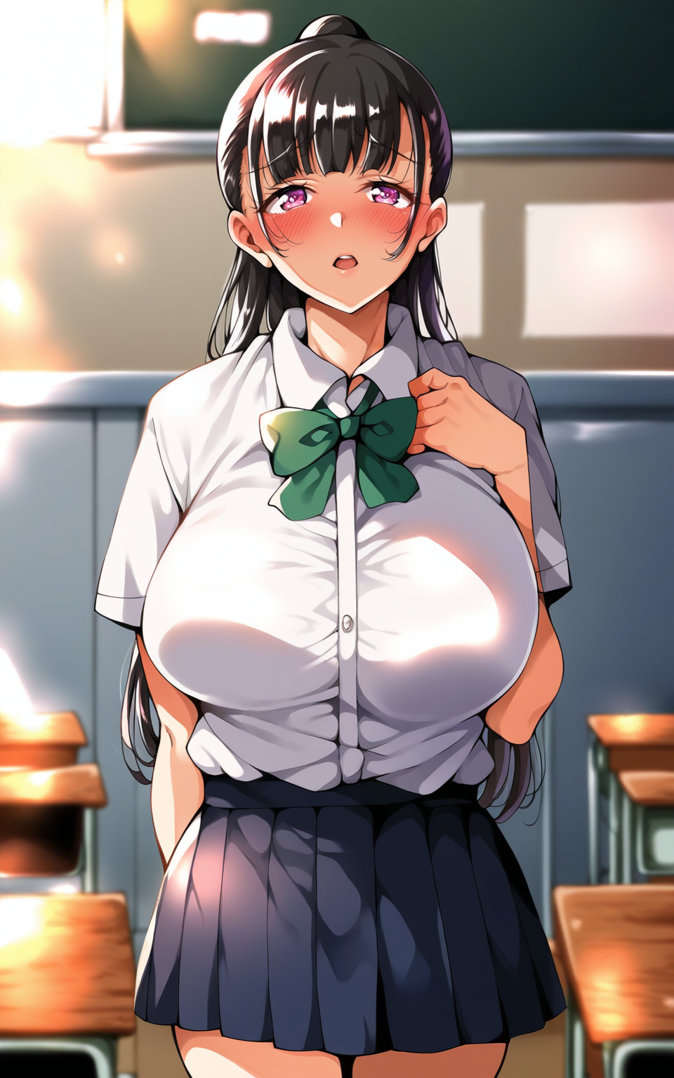 score_9, score_8_up, score_7_up, score_6_up, score_5_up, score_4_up,  1girl, solo, yuitachibana, jkxx outfit, long hair, breasts, looking at viewer, blush, bangs, open mouth, skirt, large breasts, shirt, black hair, ponytail, school uniform, purple eyes, pleated skirt, bow, bowtie, (cowboy shot), classroom, school desk, natsugaowaru coloring, <lora:yuitachibana:1>